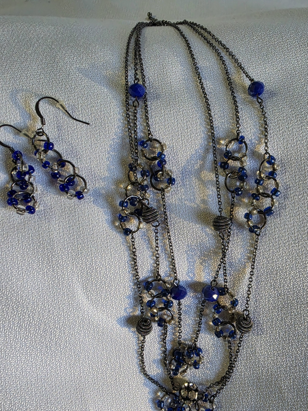 Multi-Strand Blue Bead Statement Necklace and Earrings Set